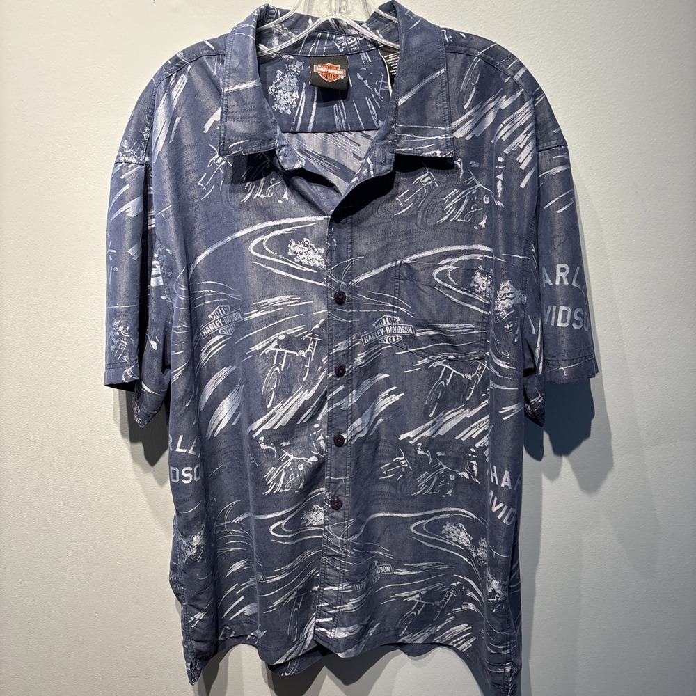 Harley-Davidson Shirt Mens 2XL Short Sleeve Button-Up All‎ Over Print Rayon